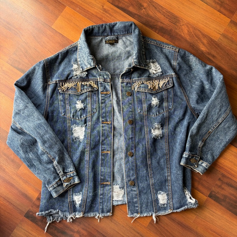 KROLY Distressed Denim Jacket Rhinestone Embellished Blue Size‎ 1X